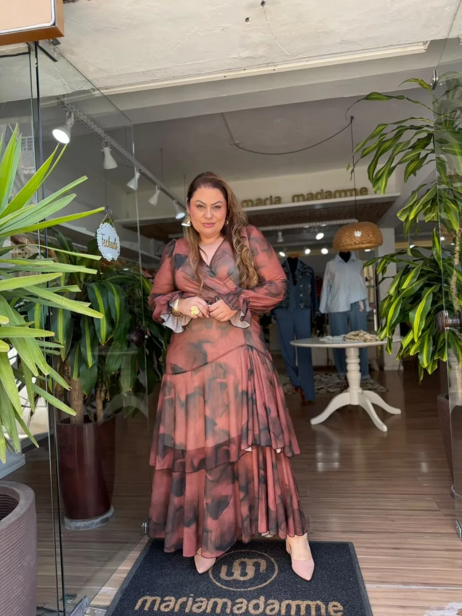 VESTIDO DE TULE GOLA V ESTAMPADO MANCHAS