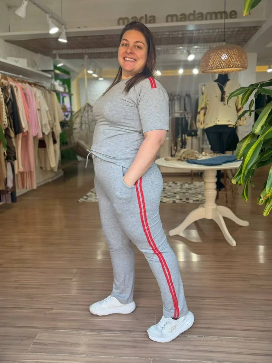 CONJUNTO MOLETOM INOVAR CINZA COM LISTRA VERMELHA